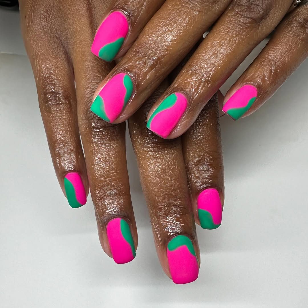 Pink and green colorful nails